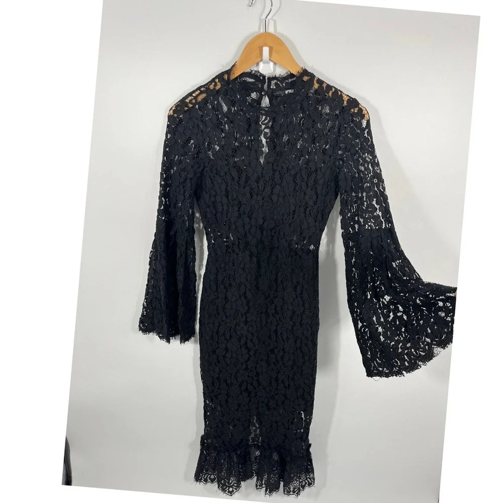 Women Bell Sleeve Midi Dress S Black Floral Lace Mock Neck Whimsigoth Dark Fairy